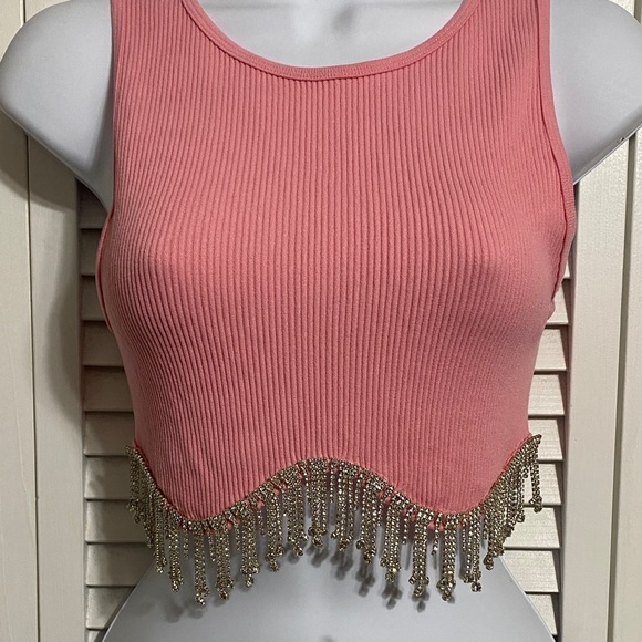 Anwnd Tops - ANWND Pink Sleeveless Top with Rhinestone Fringe!